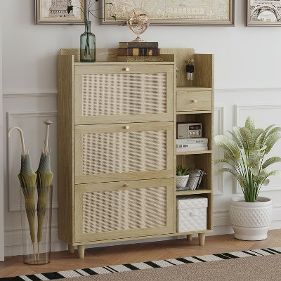 KTMBDW Shoe Storage Cabinet with 3 Rattan Flip Drawers, Freestanding Organizer with Wood Legs for Entryway, Narrow Shoe Rack Cabinet