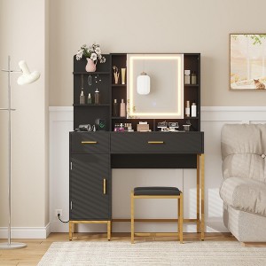 Makeup Vanity Desk with Lighted Mirror & Power Outlet,Makeup Table with 2 Drawers,9 Open Shelves & 2 Cabinets,with Cushioned Stools-Black - 1 of 4