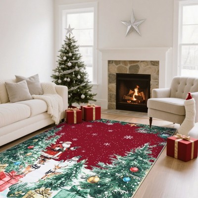 Christmas Area Rug, Christmas Reindeer Print Throw Carpet with Non Slip Backing, Low Pile Stain Resistant Floor Carpet for Living Room, Bedroom