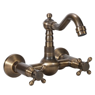 YAWWALK Antique Brass 2-Handle Wall-Mount Bathroom Sink Faucet - Vintage Cross Handle Design