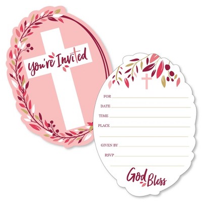 Big Dot of Happiness Pink Elegant Cross - Shaped Fill-in Invitations - Girl Religious Party Invitation Cards with Envelopes - Set of 12