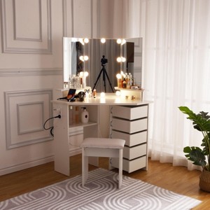 Makeup Vanity Desk - Vanity Desk Set with Lights & Power Outlet Corner Vanity Table with 5 Rotating Drawers 3 Lighting Mode - 1 of 4