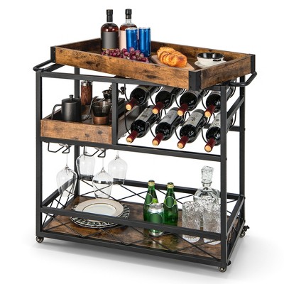 Costway 3-Tier Mobile Bar Serving Cart Liquor Storage Trolley with  Removable Tray Wine Rack