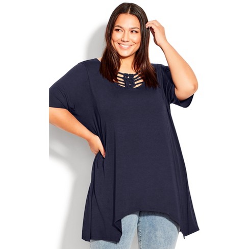 AVENUE | Women's Plus Size Knotted Cage Tunic - navy - 26W/28W