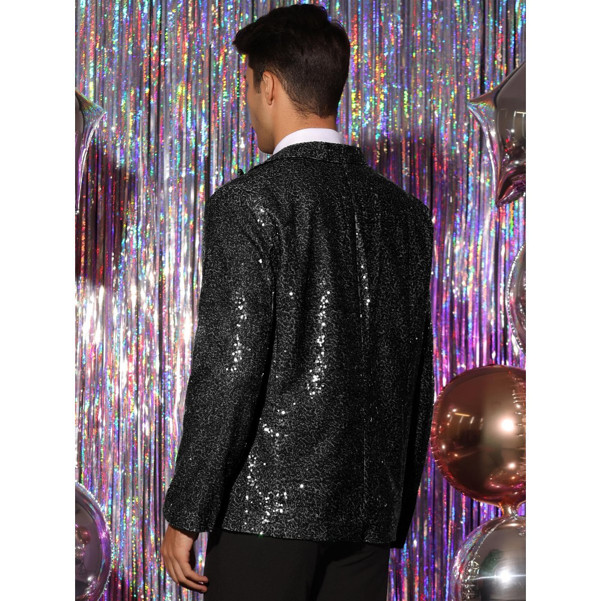 Мужские пиджаки INSPIRE CHIC Men's Peak Lapel Color Block Shiny Sparkle Sequin Blazer White Large — фото 3