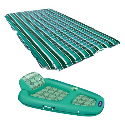 Aqua Leisure Supersized Floating Party Plank Platform, Green Stripe & Luxury Recliner Chaise Style Pool Float Lounge Chair, Green Compass