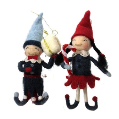 Holiday Ornament 7.5" Felt Elves Set / 2 Folksy Scandanavian Stitchery  -  Tree Ornaments