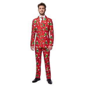Suitmeister Men's Christmas Suit - Christmas Tree & Stars Outfit Slim Fit - Red  - Size Large - 1 of 4
