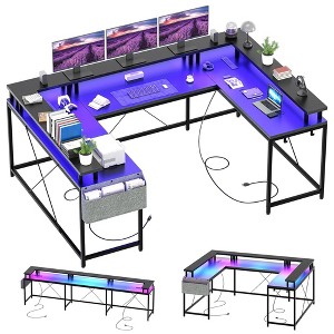 U Shaped Computer Gaming Desk, Reversible L Shaped Desk with Power Outlets - 1 of 4