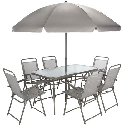 Laurenti 6-Person Grey Glass-Top Outdoor Dining Set with Umbrella
