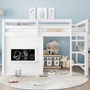 TUYOHW Kids Loft House Bed with Chalkboard,Twin/Full Wood Bed Frame with Play Space & Built-in Bookshelf,Pine Wood Cabin-Style Bunk for Boys,Girls - 1 of 4