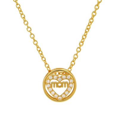 Steeltime Ladies brass simulated diamonds round "Mom" pendant. Color Options: White, Gold