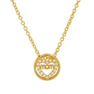 Steeltime Ladies brass simulated diamonds round "Mom" pendant. Color Options: White, Gold - 1 of 4