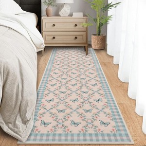 Washable Rug Colorful Floral Butterflies Living Room Rug Low Pile Ultra Soft Foldable Non Slip Carpet Stain Resistant Non Shedding Thin Floor Cover - 1 of 4