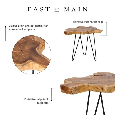 Natural Live-Edge Teak Wood Round Accent Table with Metal Legs