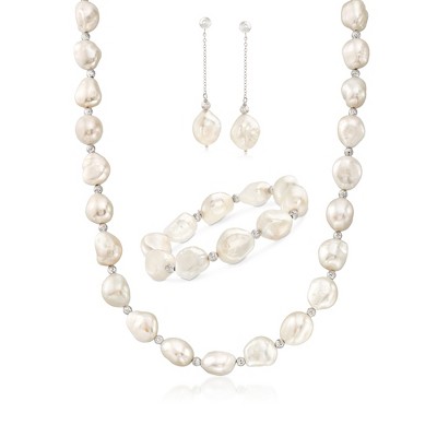 Ross-Simons 11-12mm Cultured Baroque Pearl and Sterling Silver Jewelry Set: Earrings, Bracelet and Necklace