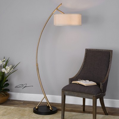 Brushed Brass Adjustable Arc Floor Lamp with Beige Shade