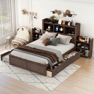 NicBex Full Bed Modern Wooden Bed Frame with Twin Size Trundle, Drawers and Pull Out Storage Headboards for Bedroom, No Box Spring Required, Espresso - 1 of 4