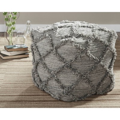 Gray Handwoven Wool Pouf with Diamond Fringe Design