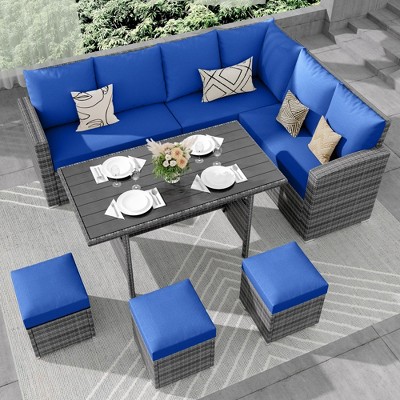7-Piece Outdoor Dining Set for 9, PE Rattan Patio Table and Ottomans, Weatherproof Conversation Set for Backyard, Garden, Poolside