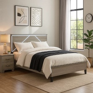 Royal Hampton Queen Bed, Panel Headboard with LED, Weathered Gray Wood, Modern Style - 1 of 4
