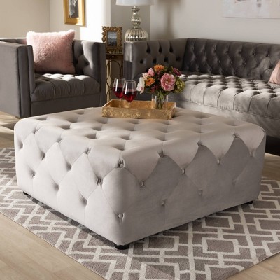 Calvetti Velvet Button Tufted Cocktail Ottoman Gray - Baxton Studio: Modern Upholstered Square Bench, 250lb Capacity