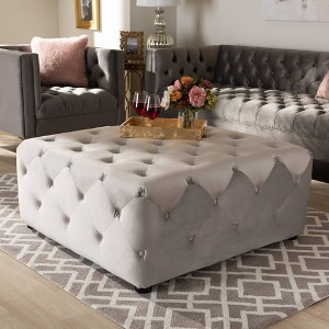 Calvetti Velvet Button Tufted Cocktail Ottoman Gray - Baxton Studio: Modern Upholstered Square Bench, 250lb Capacity - 1 of 4