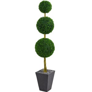 Nearly Natural 6-ft Boxwood Triple Ball Topiary Artificial Tree in Slate Planter UV Resistant (Indoor/Outdoor) - 1 of 2