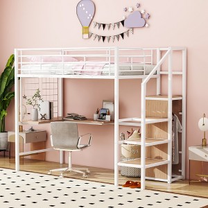 Twin Size Metal Loft Bed with Desk, Lateral Storage Ladder and Wardrobe - 1 of 4