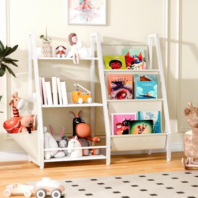 INFURNIC Decorative Bookshelf Toy Organizer Toddler 3 Tier Sling Bookcase Book with Side Pocket Pocket for Storage