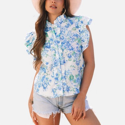 Amaryllis Women's Floral Ruffle Sleeve Button-Down Blouse Lightweight Collared Top Elegant
