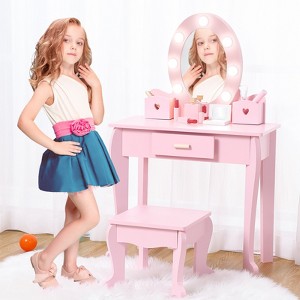 Coucheta Kids Vanity Set with Lighted Mirror & Stool, Toddler Vanity Table and Chair Set, Wooden Makeup Playset, Makeup Table and Stool for Girls - 1 of 4