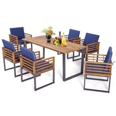 Tangkula 7PCS Acacia Wood Patio Dining Set Cushioned Dining Chair & Table Set w/ Umbrella Hole