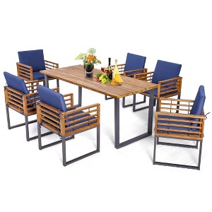Tangkula 7PCS Acacia Wood Patio Dining Set Cushioned Dining Chair & Table Set w/ Umbrella Hole - 1 of 4