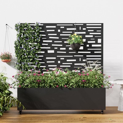 Wooakway Black Metal Planter Box with Trellis Raised Garden Bed with Arbor Privacy Screen with Wheels