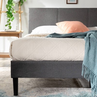 Elegant Gray Queen Upholstered Platform Bed with Bamboo Slats