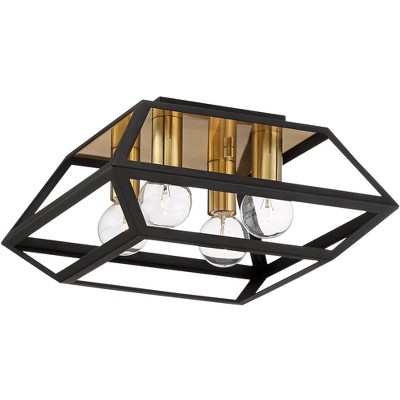 Possini Euro Design Modern Ceiling Light Flush Mount Fixture Black Gold 11" Wide 4-Light Geometric for Bedroom Kitchen Living Room