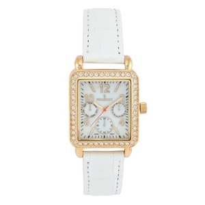 Peugeot Women's 14K Gold Plated Square Dress Watch with European Crystals and White Leather Band - 1 of 4