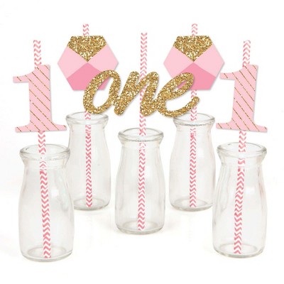 Big Dot of Happiness 1st Birthday Girl - Fun to be One Paper Straw Decor - First Birthday Party Striped Decorative Straws - Set of 24