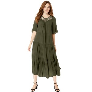 Roaman's Women's Plus Size Crochet Neck Dress - 1 of 4