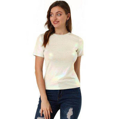 Allegra K Women's Party Metallic Short Sleeve Textured Shiny T-shirts