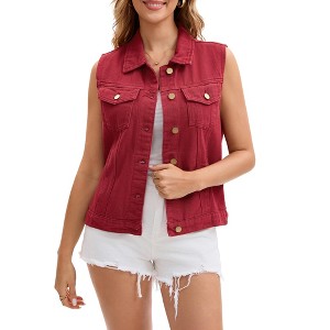 INSPIRE CHIC Women's Sleeveless Turndown Collar Button Down Chest Flap Pockets Washed Denim Vest - 1 of 4