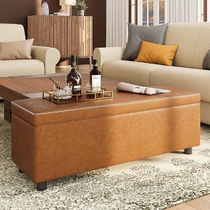 Storage Ottoman Bench, Ottoman Foot Rest, Synthetic Leather w/ Stitching, Dual Safety Hinges, Bed Bench for Bedroom, Living Room, Entryway - 1 of 4