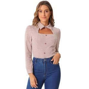 Allegra K Women's Choker Neck Houndstooth Print Long Sleeve Gothic Cutout Top - 1 of 4