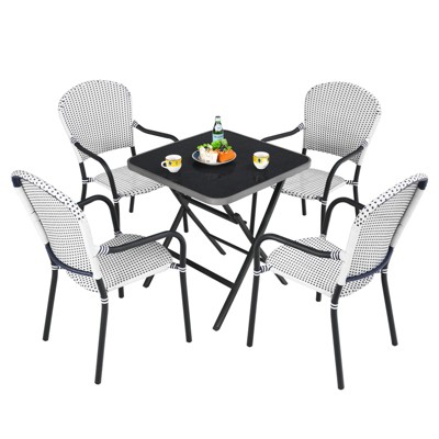 Tangkula 5PCS Rattan Patio Dining Set All Weather Square Folding Table & 4 Stackable Chairs Set w/Tempered Glass Tabletop