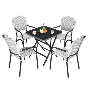 Tangkula 5PCS Rattan Patio Dining Set All Weather Square Folding Table & 4 Stackable Chairs Set w/Tempered Glass Tabletop - 1 of 4