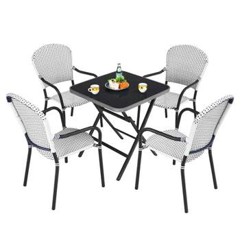 Tangkula 5PCS Rattan Patio Dining Set All Weather Square Folding Table & 4 Stackable Chairs Set w/Tempered Glass Tabletop