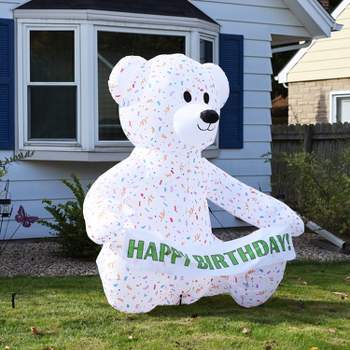 Sunnydaze Indoor/Outdoor Sprinkles the Celebration Bear LED Inflatable Decoration with 5 Customizable Banners - 6'