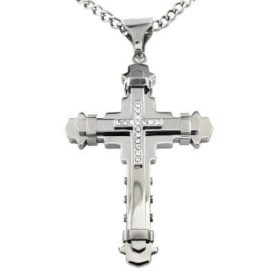 Crucible Men's Cubic Zirconia Stainless Steel Multi-layer Cross Pendant Necklace
