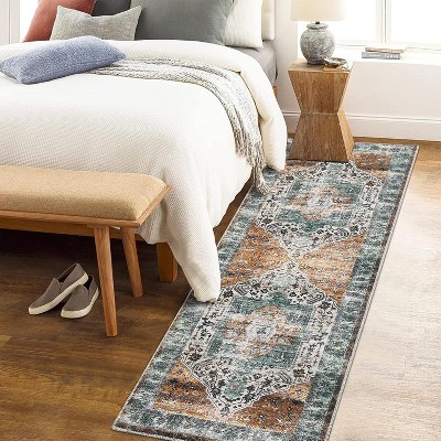 Acekool Distressed Vintage Area Rug in Orange - Non-Slip, Low Pile, Machine Washable - for Living Room, Bedroom & Dorm